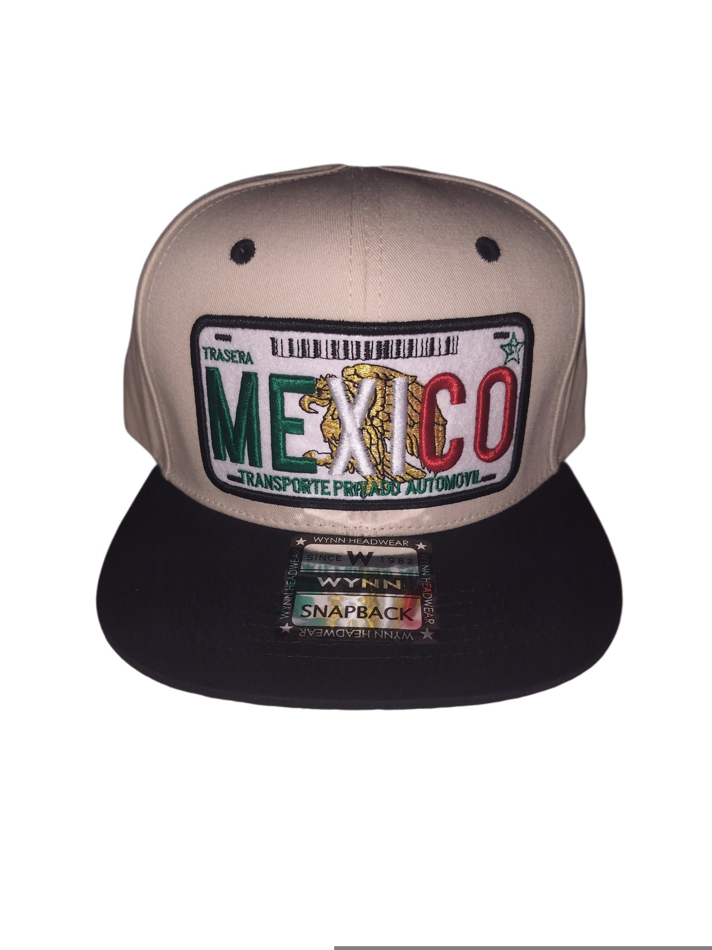 MEXICO TRANSPORTE PRIVADO AUTOMOVIL CON AGUILA DE ORO SNAPBACK BEIGE Y BLACK BRIM