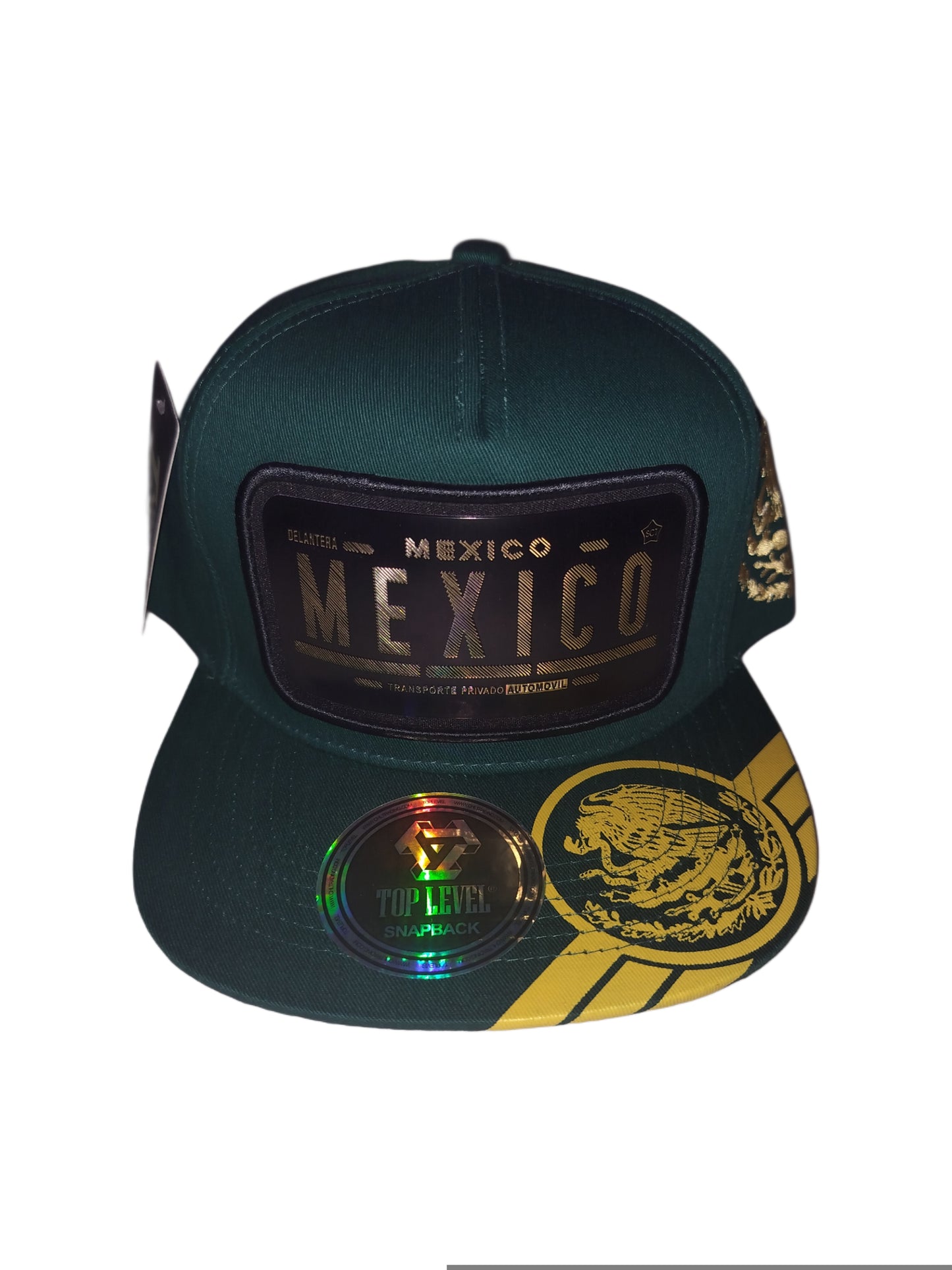 MEXICO TRANSPORTE PRIVADO AUTOMOVIL CON AGUILA DE ORO EN LADO (ON SIDE OF HAT) GREEN AND GOLD